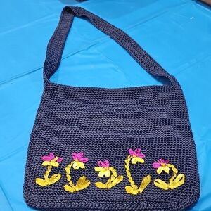 Navy Floral Embroidered Shoulder Bag